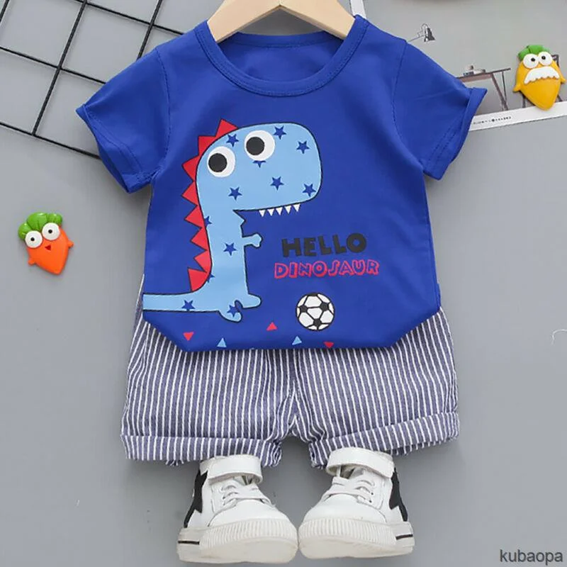 

Free Shipping 1-8Years Boy T-Shirt Cartoon Short Sleeve Kids Shirts Luminous Round Neck KU Cute Dinosaur Casual Stripes Wearing