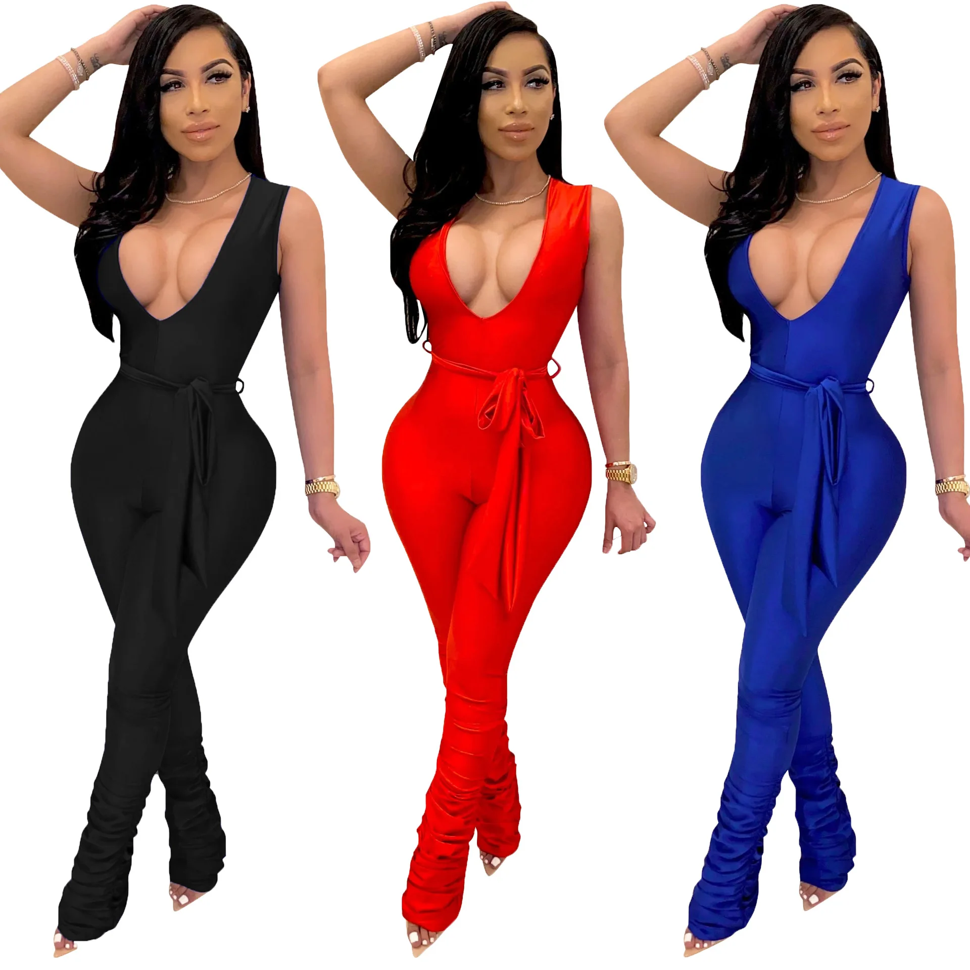 

Sexy V Neck Fitness Jumpsuit with Belt Summer Lounge Wear Sleeveless Ruched Leggings Sporty Women Overalls Plus Size S-XXL