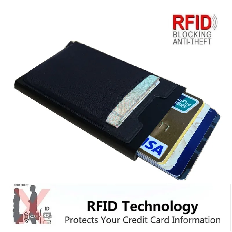 

Aluminum wallet with elastic back pocket ID credit card holder, RFID mini slim coin purse, automatic pop-up bank card box purse