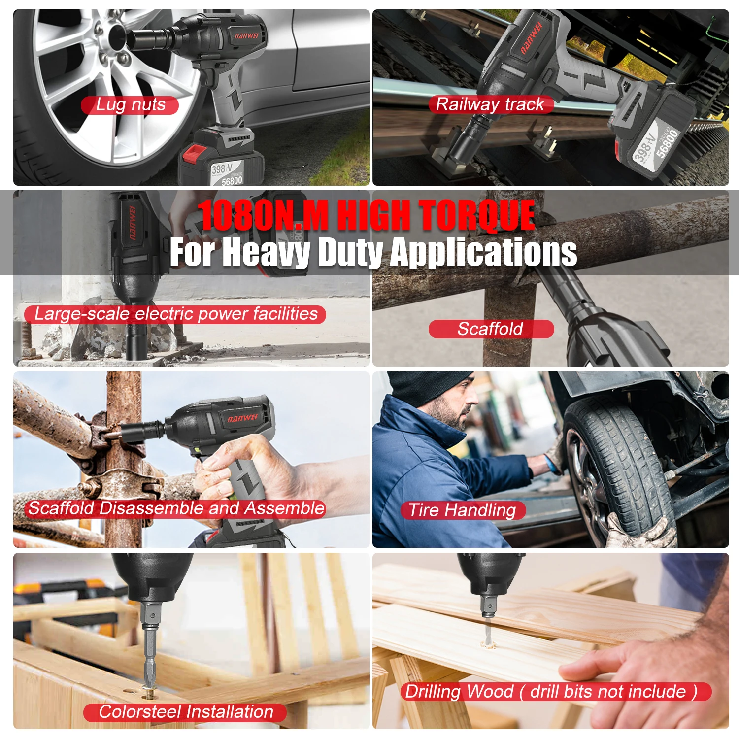 

Cordless Impact Wrench 1080Nm High Torque Brushless Motor 1/2 Inch Chuck Variable Speed Power Impact Wrench Kit Lug Nuts Bolts