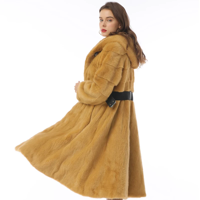 Women Real Fur Coat Long Genuine Leather Hooded Furry Winter Overcoats With Sashes Brown Slim Warm Thick Plus Size Warm Outwear