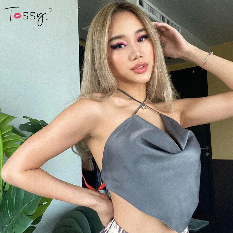 

Tossy Satin Halter Camis Women Sexy Backless Tank Top 2021 Summer Camisole Vest Female Beach Party Tops V-neck Cropped Bustier