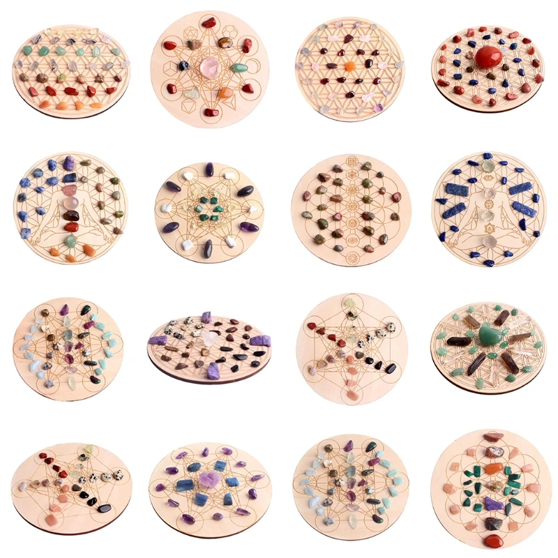 

Wood Rainbow Stones Divination Board with Gemstones Crystal Grid Board Stone