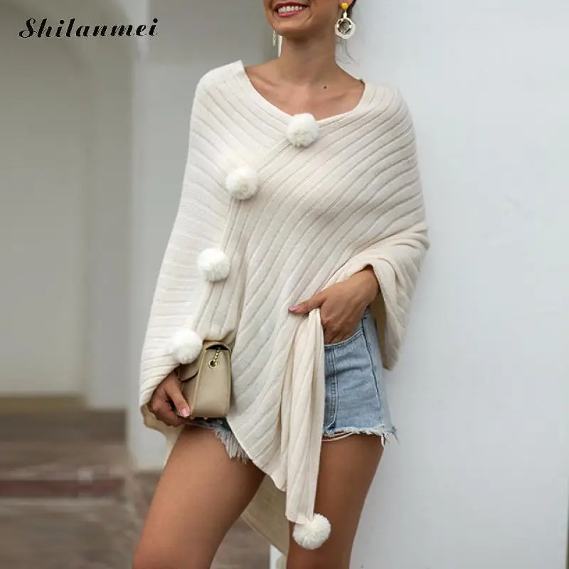 

2019 Spring Autumn Beige Sweaters Pullovers Women Loose Tassel Shawl Poncho Female Fashion Iiregular Coat Pullovers Knitted