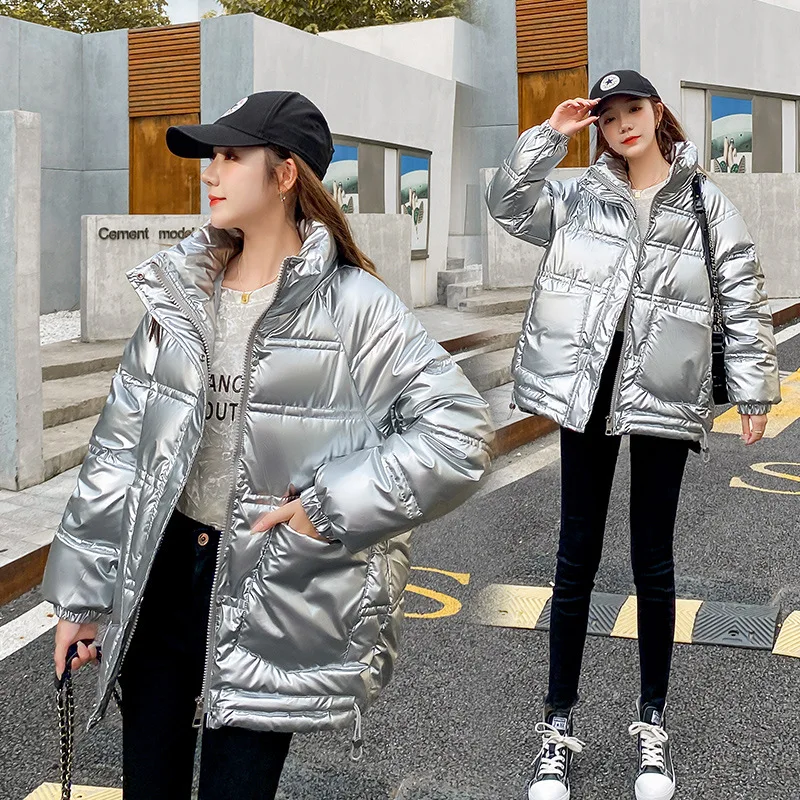 

Glossy patent leather loose puffy cotton coat women's autumn and winter 2021 new high-neck thick coat Western-style bread coat