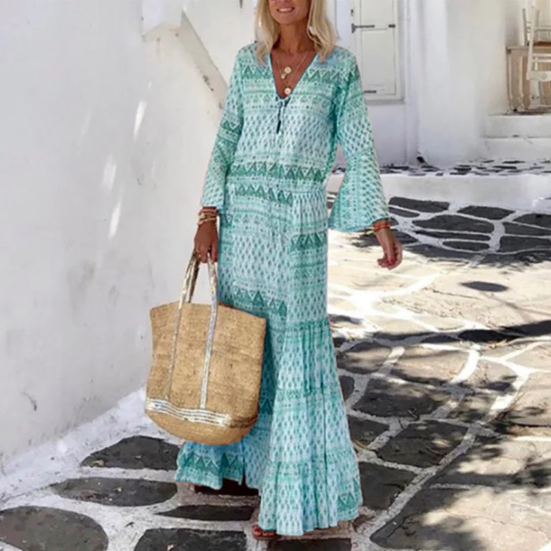

Women Sexy V Neck Boho Beach Dress Summer Vintage Geometric Print Long Dress Female Elegant Flare Sleeve Party Dress Vestidos