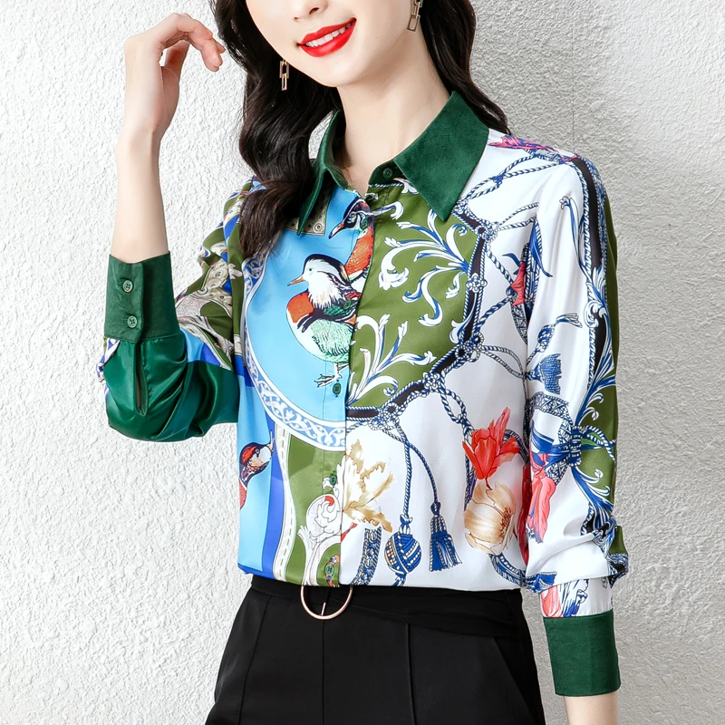 

Chiffon Women's Blouse Polo Print Girl's Shirt Spring Autumn Loose Casual Fashion Long Sleeve Top Button Lady Blusas Houthion