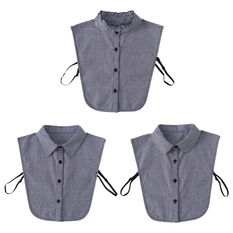 

Women Student Ruffled Lapel Cotton False Fake Collar Vintage Houndstooth Printed Button Down Detachable Half Shirt Blouse Decor