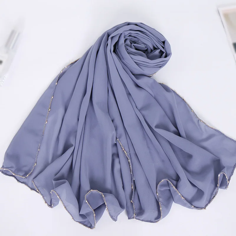 

2021 Solid Hijab Scarf Pearl Chain Bubble Chiffon Scarf Hijabs for Muslim Turban Elegant Fashion