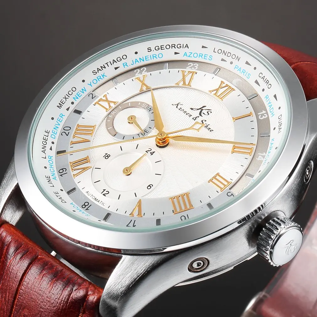 Brown Silver KS304 Бренд Imperial KS, 24 часа в день, розовое золото, с автоматическим заводом, Relogio, кожаный ремешок, аналоговые автоматические часы, мужские механические часы, подарок/KS302 - Цвет: Brown Silver KS304