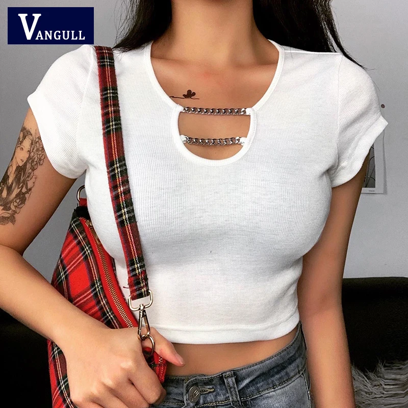 

Женская футболка с V-образным вырезом, цепочкой и коротким рукавом