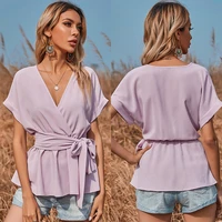2021 summer new womens clothing v neck short sleeved solid color pullover loose commuter top t shirt women