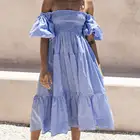 Женское платье принцессы с пышными рукавами, синее плиссированное платье миди с широким подолом и открытыми плечами, Уличная Одежда для пляжа XXL, лето 2021
