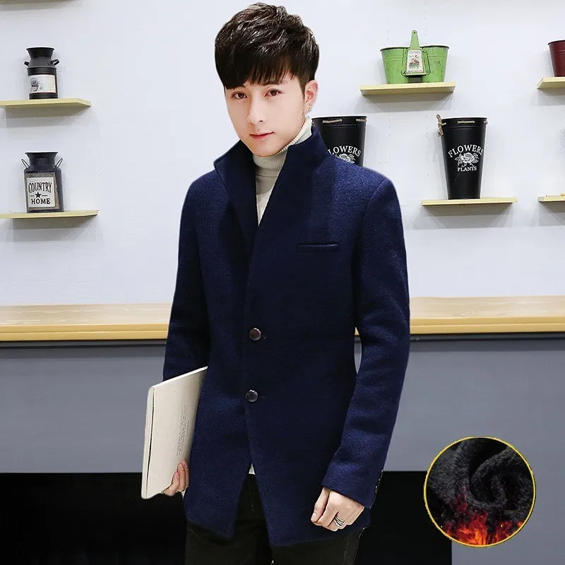

Autumn 2020 New Korean Men Wool Trench Coat Fashion Brand Slim Turn-down Collar Fleece Lined Jackets Plus Size 5XL Warm Outwear