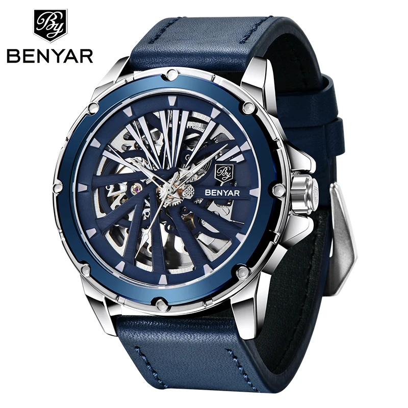 BENYAR Automatic Mechanical Watch Top Luxury Brand Watch Men's Fashion Leather Strap Waterproof Military Skeleton Design Watches