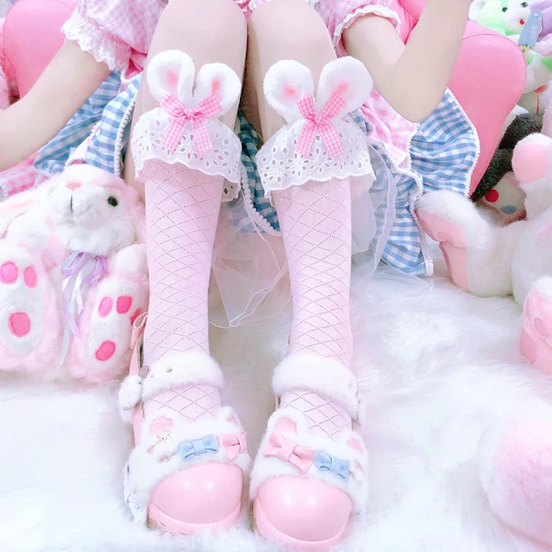 

New Cute Autumn and Winter Lolita Rabbit Ears Bow Short Tube Calf Socks Female Love Pink Student Fashion Lace Sexy Kawaii White