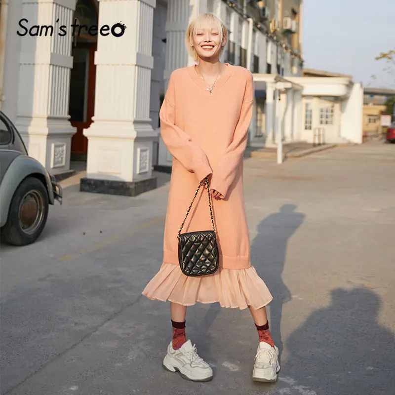 SAM'S TREE Черный однотонный минималистичный стиль Вязаный Пуловер женское платье зима розовый чистый шифон пэчворк повседневные женские платья