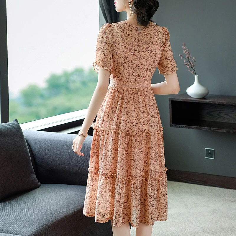 

COIGARSAM 4XL Plus Size Floral Print Women Long dress New Summer Chiffon High Waist Dresses Orange Blue 3395