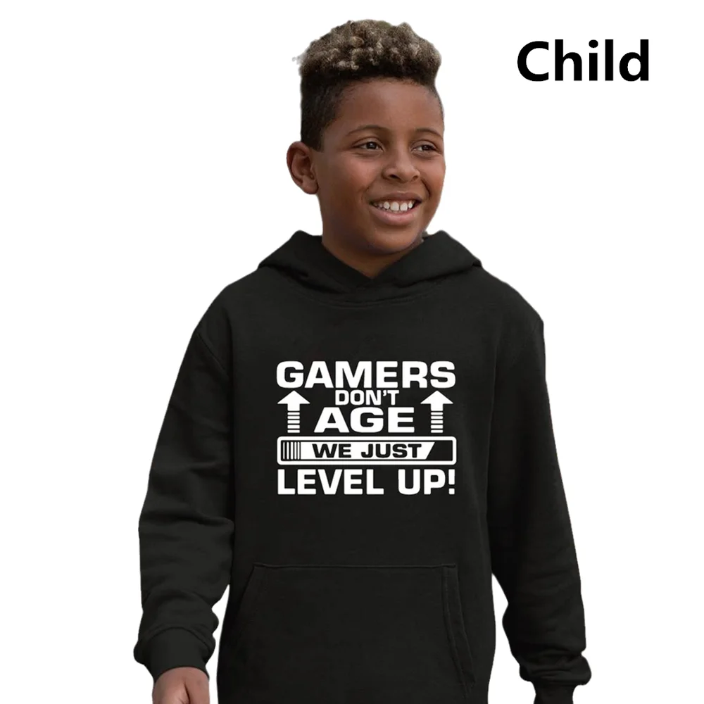 

Gaming Hoody Boys Kids Top With Gamers Dont Age We Just Level Up Contrast Hooded Sweatshirt Winter Fleece Parent-Child Outfit