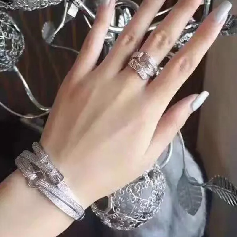 jewelry set Брендовые ювелирные изделия из чистого 925 пробы серебра для женщин, дизайнерский Свадебный комплект ювелирных изделий, браслет в виде ремня, набор колец с двойным крестом, ювелирное изделие - Окраска металла: jewelry set