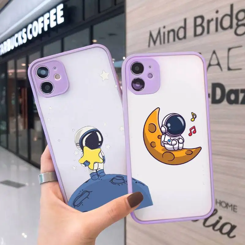 

Cute Cartoon Astronaut Planet Star Phone Case For iPhone 12 11 Mini Pro XR XS Max 7 8 Plus X Matte transparent Purple Back Cover