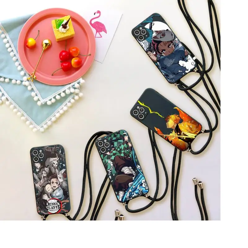 

Anime Demon Slayer Comics Phone Case For iPhone 7 8 11 12 X XS XR MINI Pro Max Plus Strap Cord Chain Lanyard soft