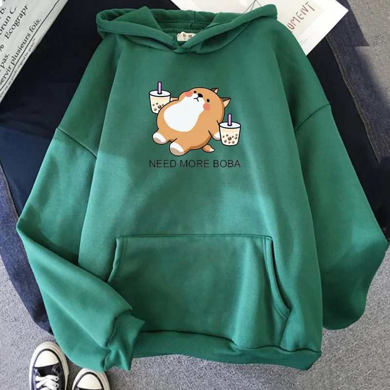 

Funny Lazy Shiba Loves Boba Graphic Printed Hoodies Harajuk Cartoon Cute Kawaii Clothes Loose Pullover Woman Tracksuit Clothing