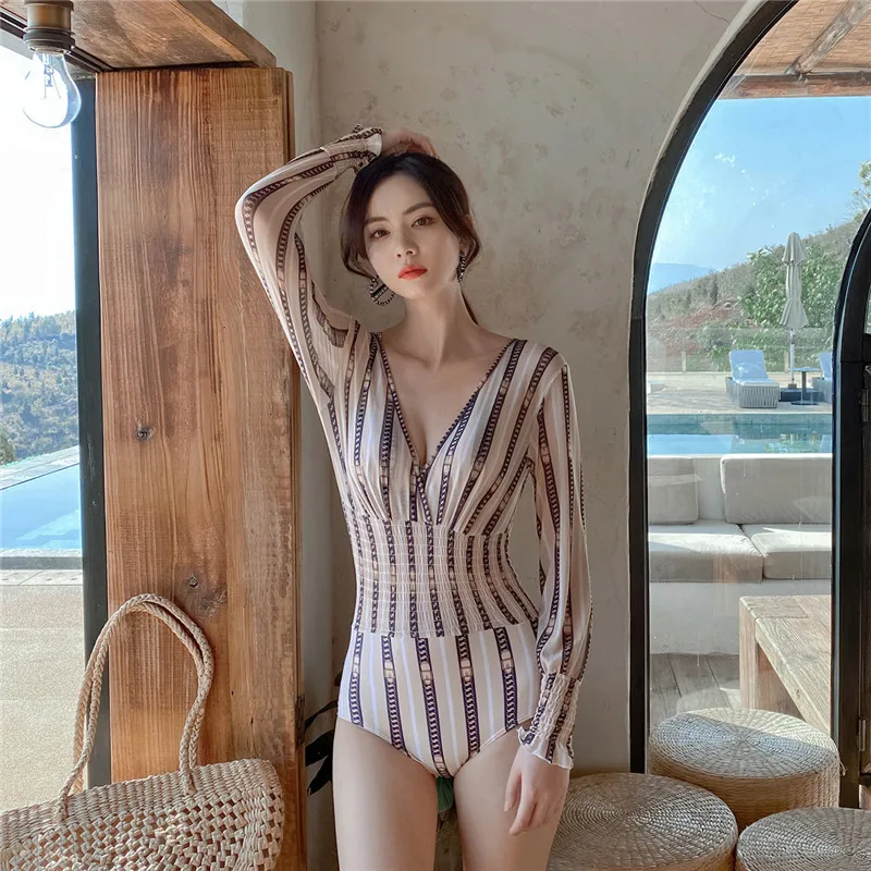 

2021 One Piece Women Swimsuit Summer Korea Ins Sexy Backless Sunscreen Striped Long Sleeve Womens Swimsuit