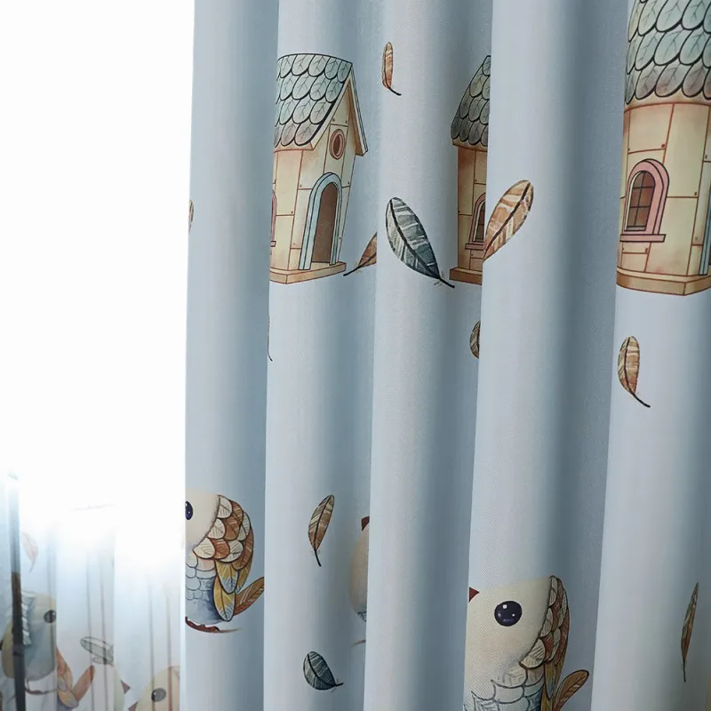 

2pcs Lovebird Printed Blackout Curtain Beige 100*250CM Width*Length Perforated Blackout Printing For Window