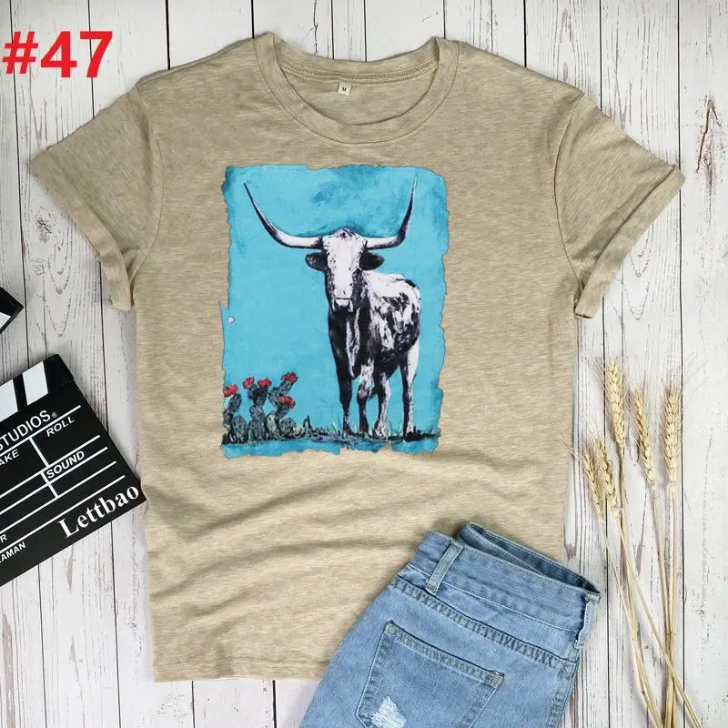 

Cow and Cactus Women T Shirt Graphic Tee Shirt Femme Funny Kawaii Short Sleeve Top Camisetas Mujer Print Short Sleeve Summer