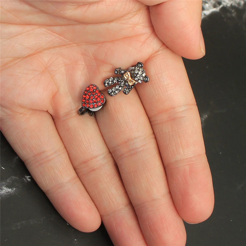 Серьги гвоздики с красным сердцем Стразы милый медведь Асимметричные маленькие