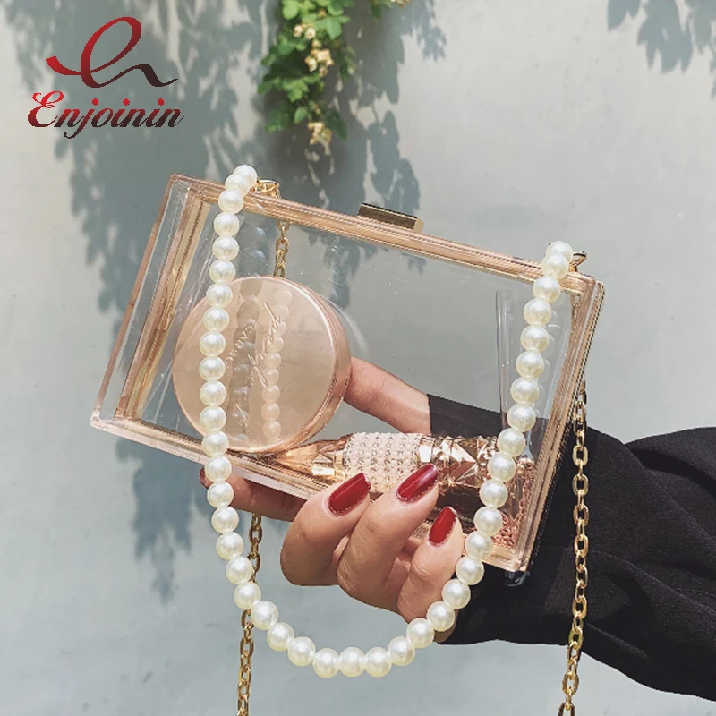 

Transparent Acrylic Box Party Clutch Pearl Strap Purses and Handbags for Women Casual Designer Bag Chain Shoulder Bag Wedding