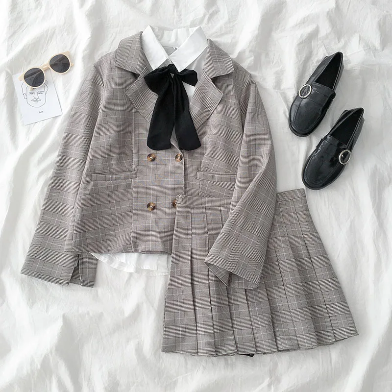 Женский клетчатый костюм MUMUZI пиджак и плиссированная юбка в консервативном