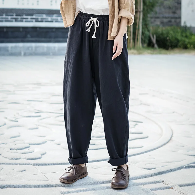 Женские свободные брюки Johnature длинные универсальные штаны из хлопка и льна с