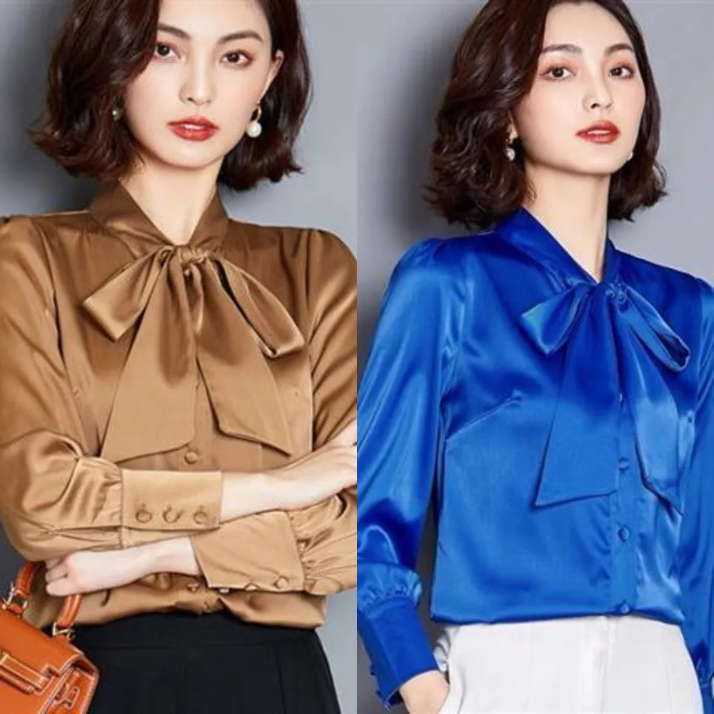 

Женская шифоновая блузка с длинным рукавом, винтажная рубашка с бантом, весна-лето