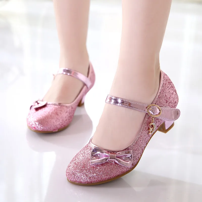 Сандалии принцессы детские на высоком каблуке модная обувь с блестками бантом