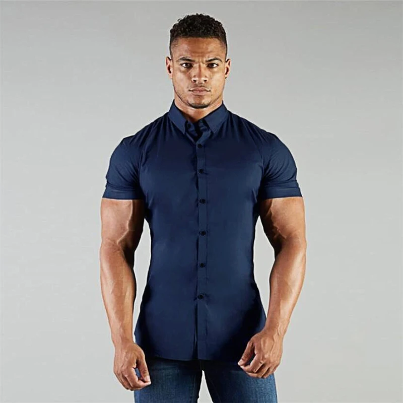 

Running Shirt Mens Gym Clothing Summer Tops Business Shirt Short Sleeve Turn-down Collar Shirt Super Slim Fit Social Dress Shirt
