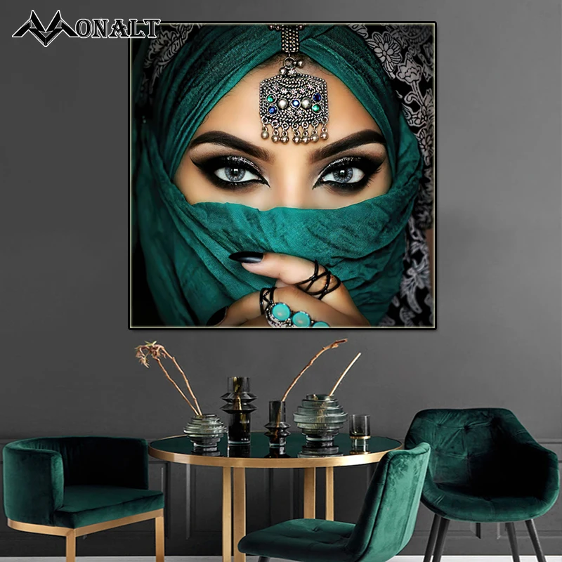 Зеленая вуаль с большими глазами арабская женщина Исламская стена искусство