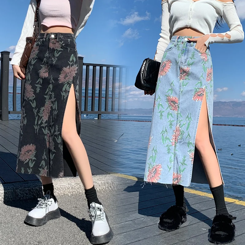 

Harajuku Flowers Print Long Denim Skirt Woman 2022 Spring Korean Fashion High-waisted Sexy Split A-Line Y2k Female Skirts