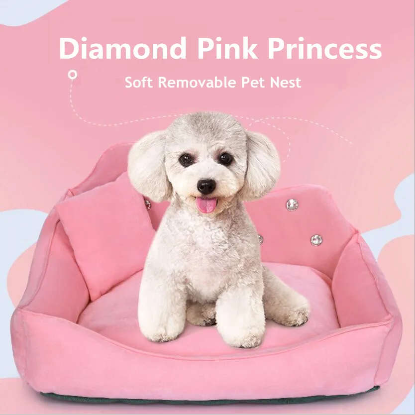 Price Cama para cachorro gato, almofada para animais de estimação, luxuosa, com diamante, rosa, sem pilling, à prova de umidade, antiderrapante, removível, fácil limpeza, sofá
