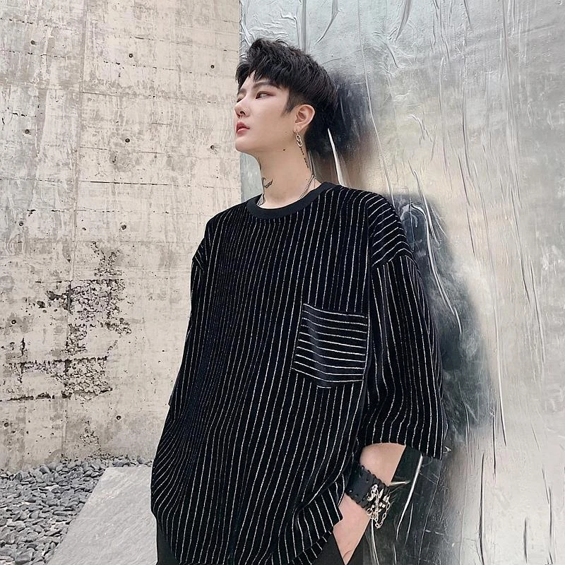 Футболка мужская бархатная с коротким рукавом модная тенниска принтом в полоску