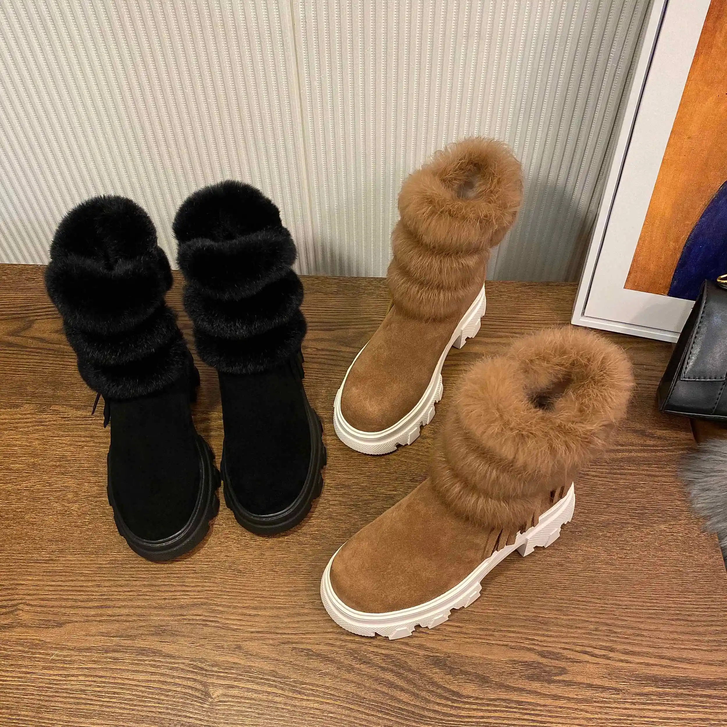 

Krazing Pot snow boots cow suede fringe high quality round toe thick high heel zipper keep warm daily wear dress ankle boots L40