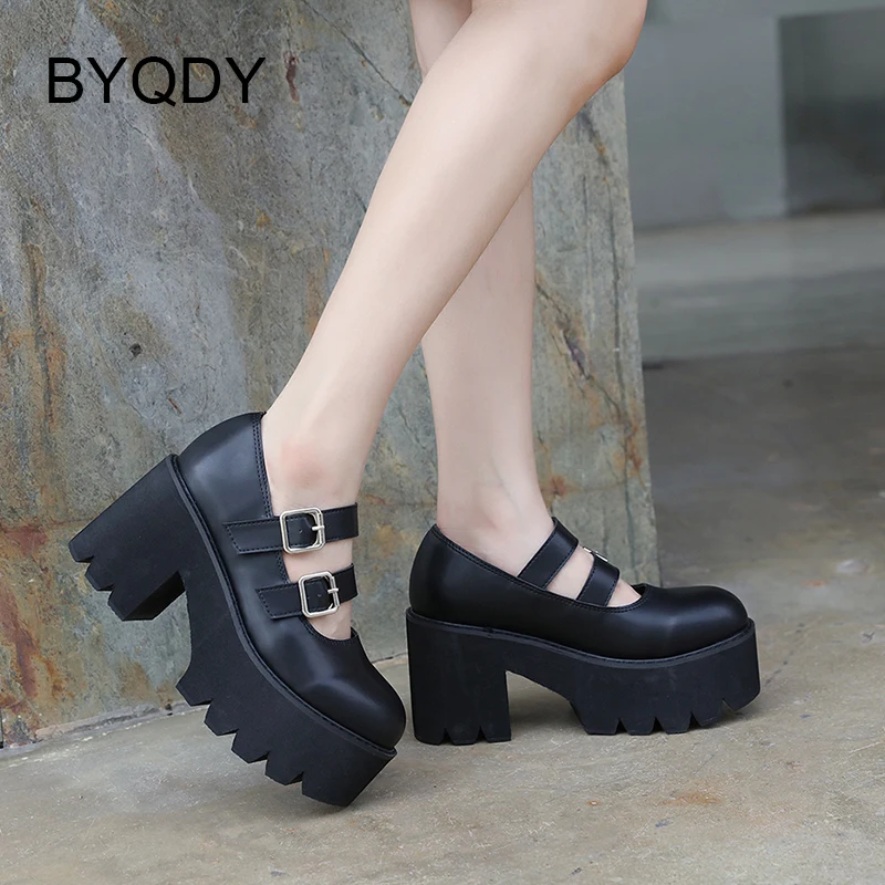 

BYQDY Thick-Heeled Mary Jane Shoes Woman With Platform Buckle Strap Summer Autumn Csual Office Comfy Women Pumps High Quality