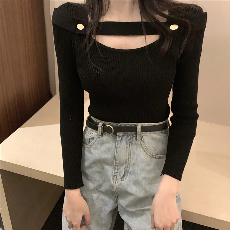 

moda feminina autumn long sleeve t-shirts hollow out knitted ladies tops Korean style tee shirt femme fashion brand long sleeve