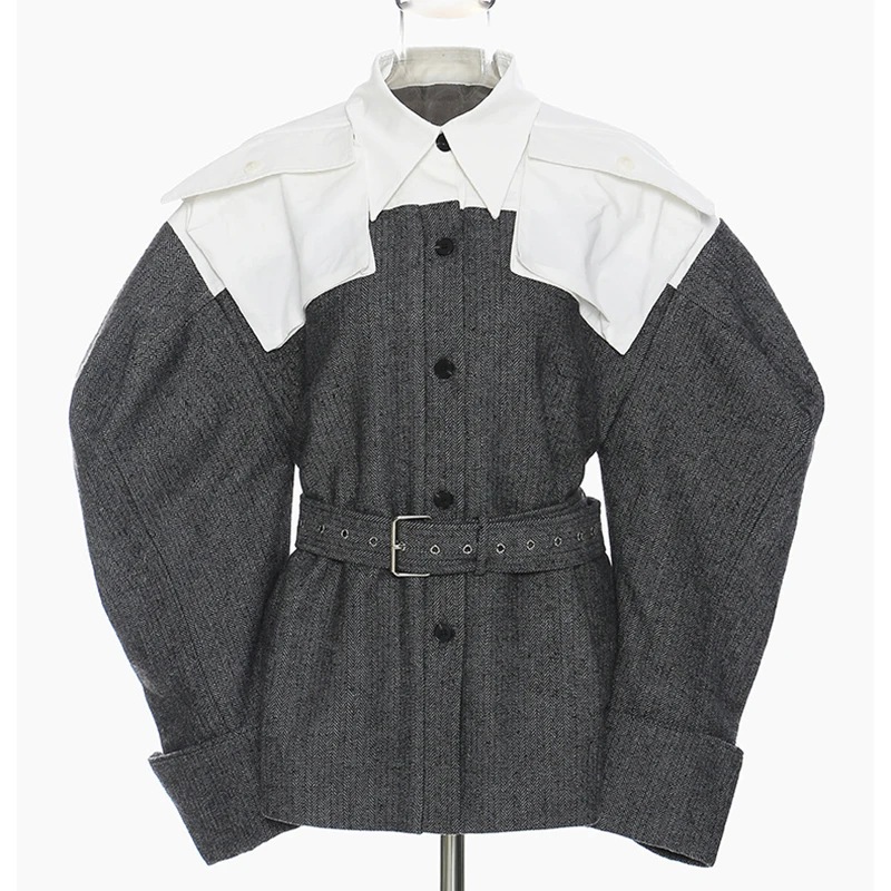 

2021 Spring Patchwork Turn-Down Collar Elegant Temperament Belt decoration Single Breasted Fashionable High Street Jacket Women