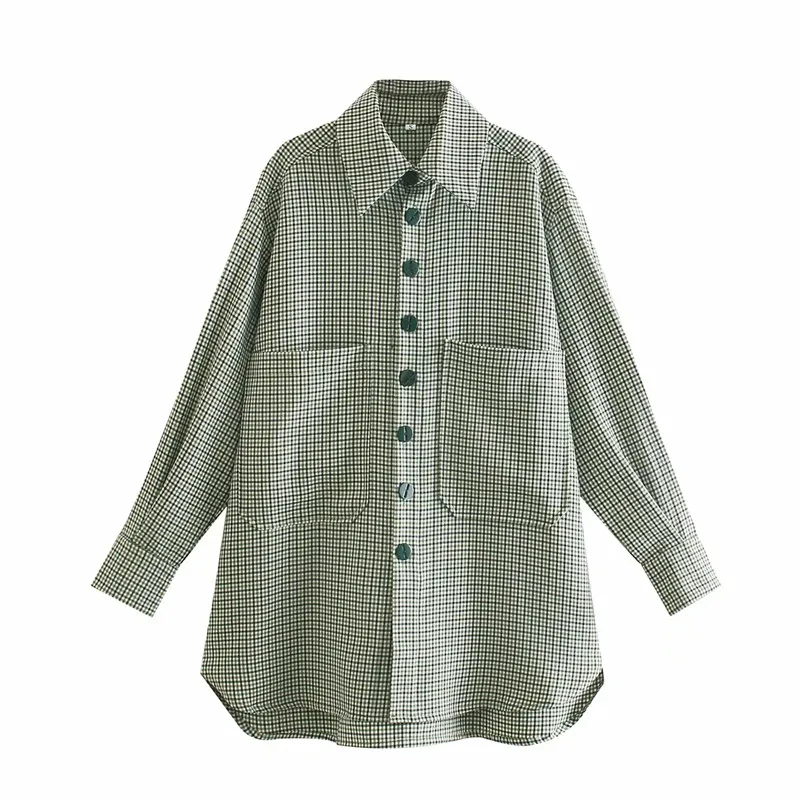 

Merodi Women Fashion Double Big Pockets 2021 Za Green Long Shirts Femlae Casual Single Breasted Houndstooth Print Loose Tops