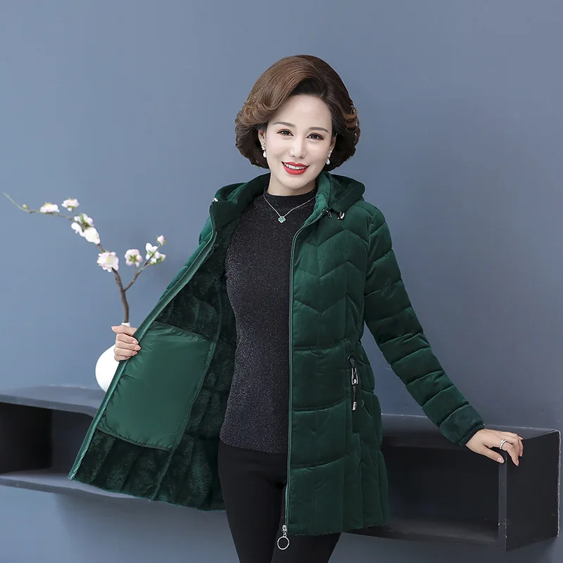 Fdfklak XL-5XL Winter Quilted Plus Fleece Jacket Gold Velvet Mid-Length Cotton Jacket Fashion Warm Woman Clothing Casual Parkas enlarge