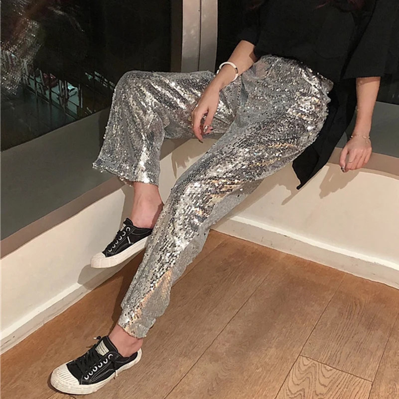 2021 Fashion The New Loose Buling Sparkling Sequin Wide Leg Slim Leisure Pants Free Shipping | Женская одежда