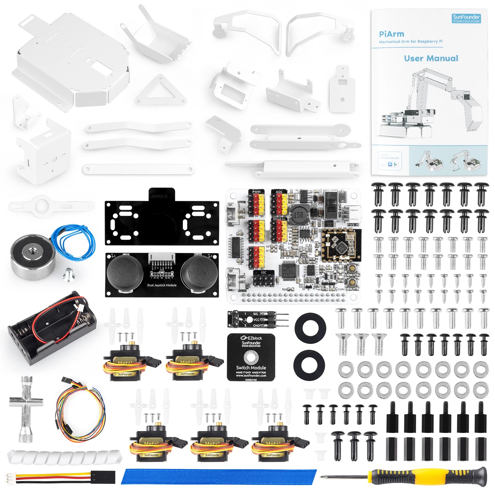 SunFounder 3 + 1 DOF Robot Arm Kit с ковшом для лопаты подвесными зажимами Электромагнитом