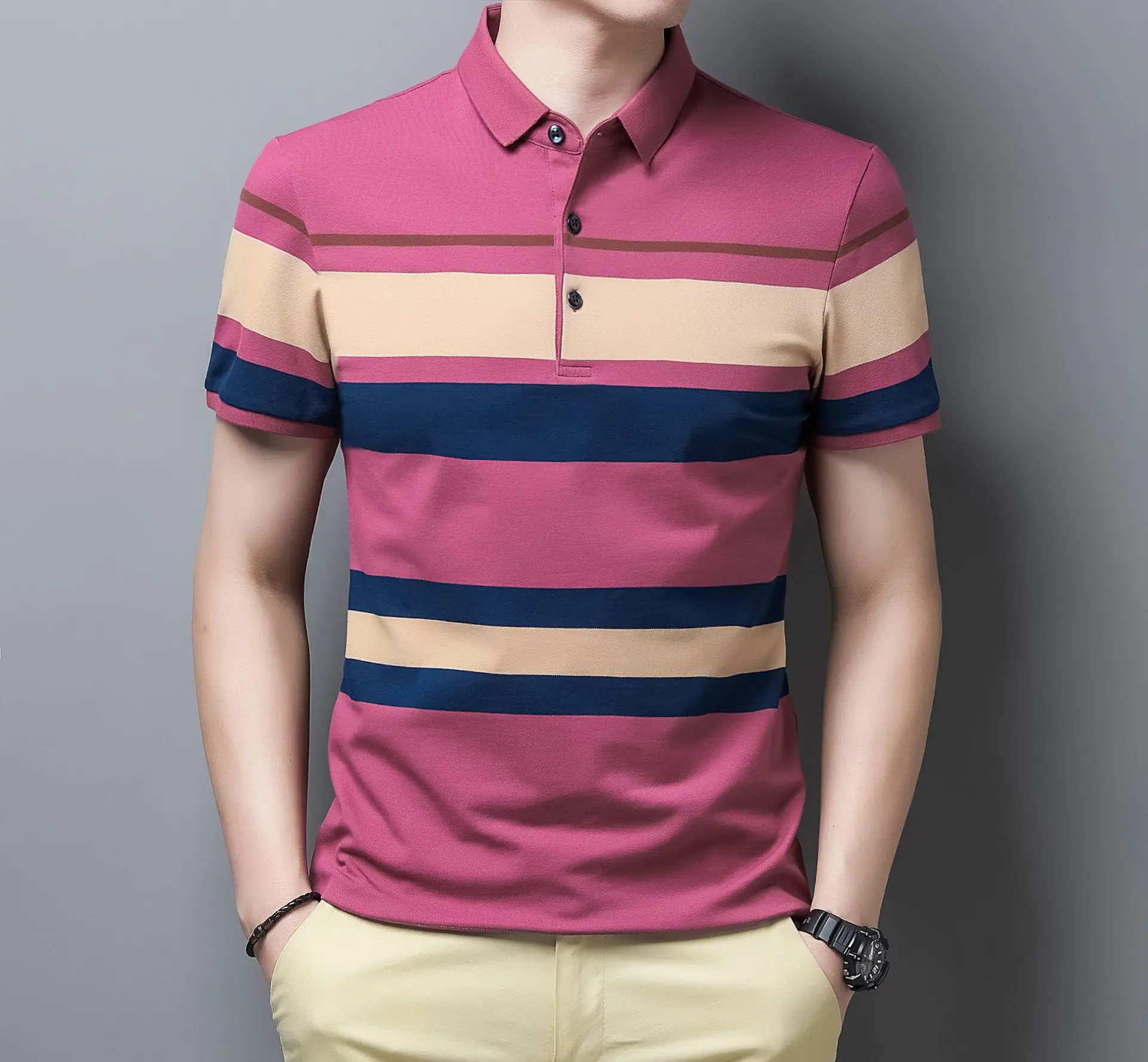 

Summer men's clothing, color-stripe striped POLO shirt, business casual POLO shirt, short-sleeved plus size POLO shirt